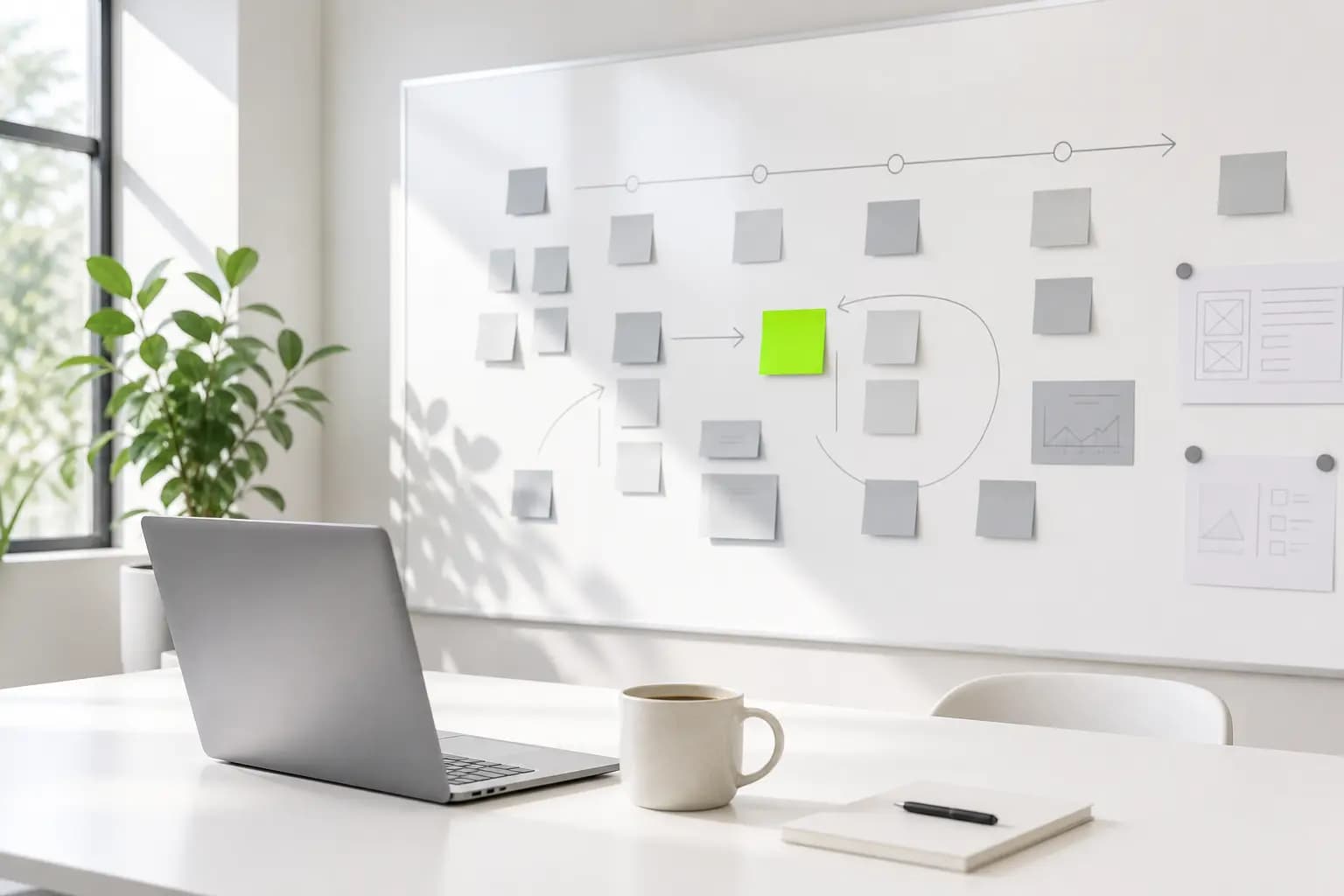 Product roadmap sticky notes and laptop on a white table