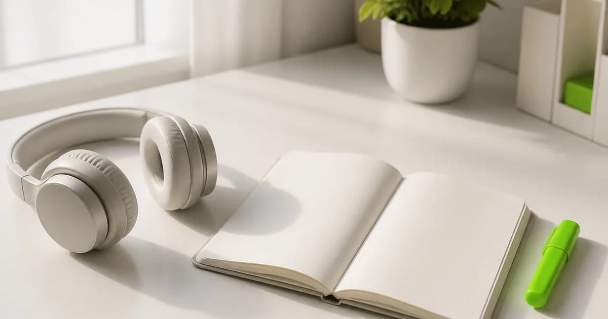Headphones, blank notebook, and a lime highlighter on a bright desk