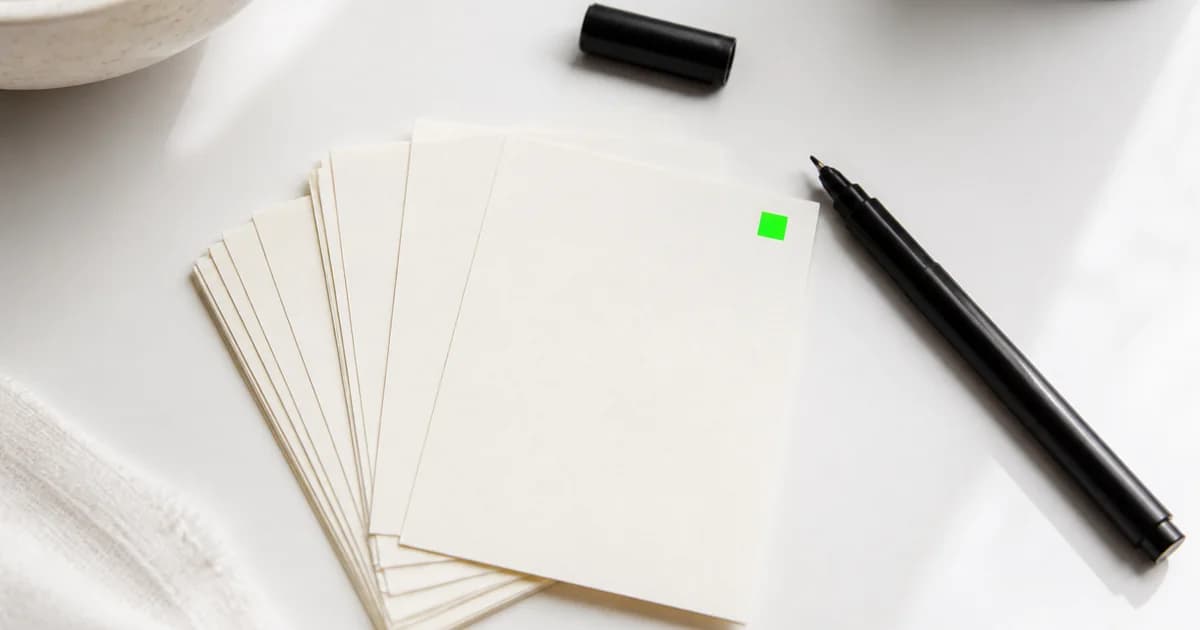 Fanned index cards with a lime sticker and a black pen on a white desk