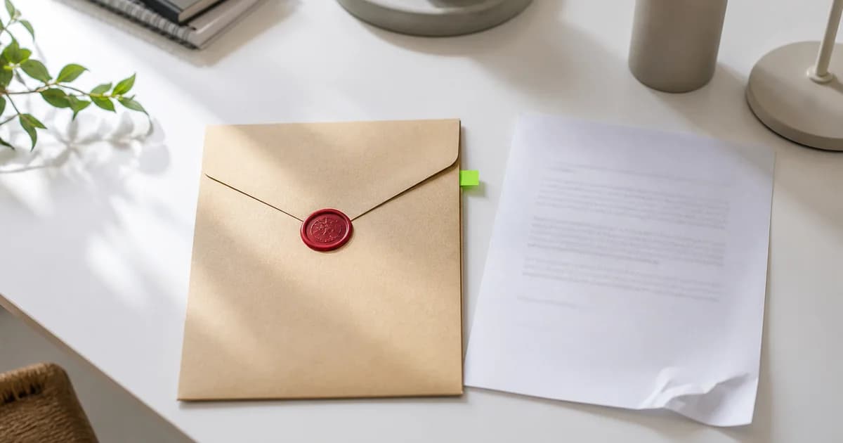 Sealed offer envelope with a lime tab on a white desk