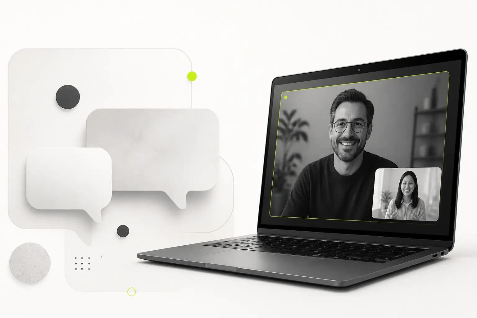 Split abstract of chat bubbles and a laptop interview setup